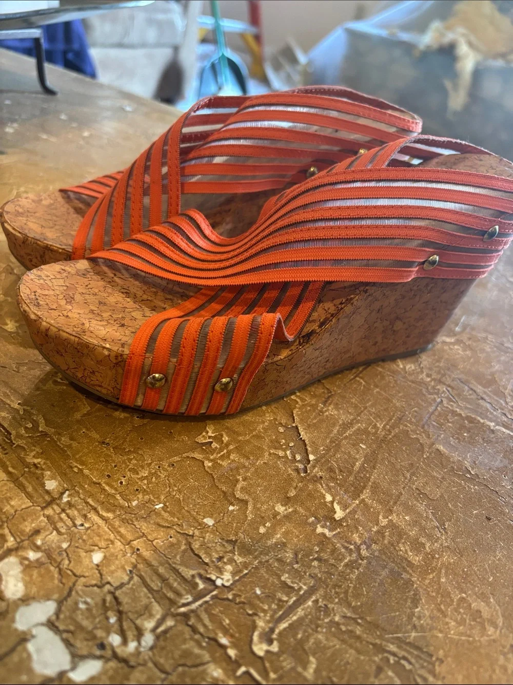 Cato Orange and clear Striped Cork Wedge Sandals
